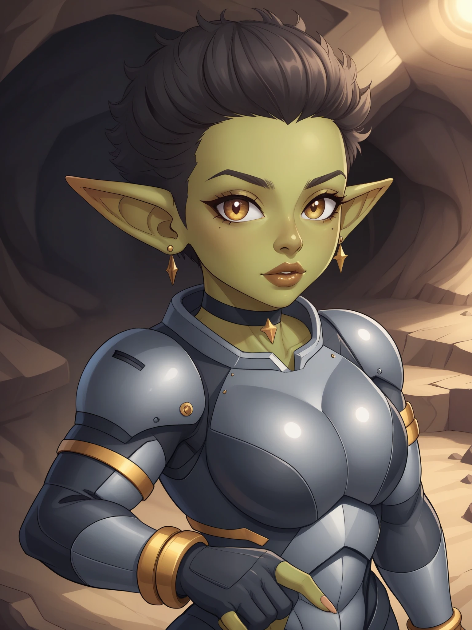 Goblin girl. random eye color. dark green skin. very short hairstyle. choker. random lips color. iron suit. earrings. gold bracelets. cave. 