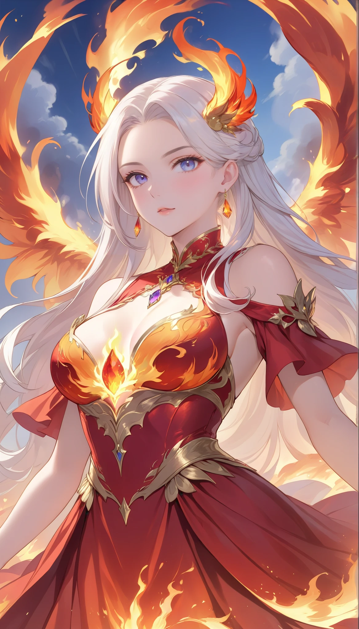 (best quality,4k,8k,highres,masterpiece:1.2) The mythology bird Phoenix also known as the Fenghuang is a divine figure bird with a body made of beautiful flames, the whole area is in great flames and raining fire, burning everything down and starting all over again, the ruler of reincarnation and eternity, a dazzling light will remain and a new life will begin,dynamic angle,from below,edelgard_von_hresvelg,white hair,purple eyes,red and gold fiery gown,large breasts, face focus