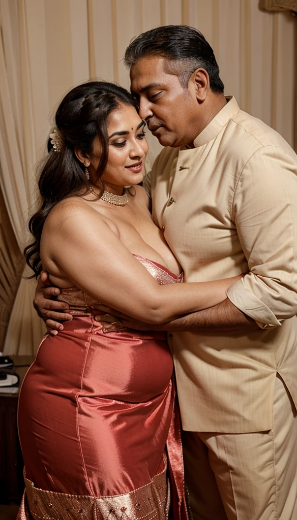 Hot sexy beautiful one indian girl with hugging ugly fat old man, long sparkling chandelier earrings,big breasts, nude ,black hair ,blush, saree, white hair old man, big dick