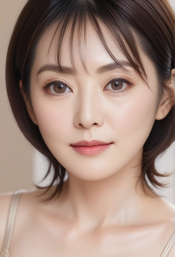 High resolution, Shortcuts, Mature Woman,((Center Parting)),(((50-year-old women))),masterpiece, Highest quality, Ultra high definition, Textured skin, Droopy eyes,Thin lips,black eye,((Mole under left lip, beauty mark)),Thin eyebrows,Thin eyebrows,Japan female in her 60s,Narrow forehead,((Too thin,Too thin eyebrows)),Loose jaw,(Low Nose),Deep-set eyelids,((very droopy eyes)),Slightly droopy thin eyebrows,(Small Mouth), (droopy eyebrows),Nasolabial folds,Droopy eyes, hooded eyes, ((wrinkles around the eyes)),((full body)),Beautiful legs,thin lower lip,bed room, (full body shot),((background,bed room))lingerie((thin lower lip)), dim,wet,ノーメイク