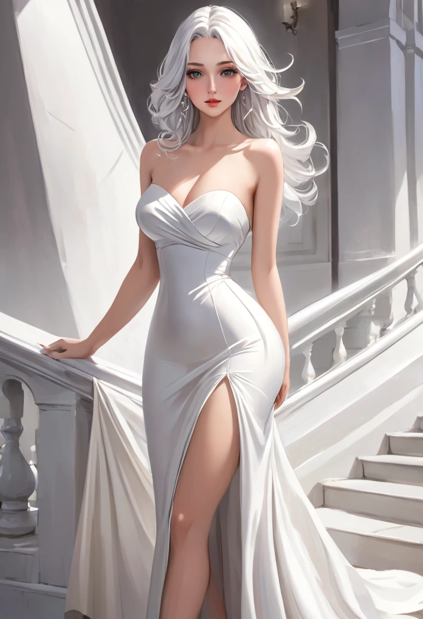 A beautiful lady, with a long white strapless dress her skin was a creamy chocolate tone that made a beautiful contrast with the white dress and her full figure whether hips or bust they were succulent to the eyes, a delicate face, thin lips and thin nose, her eyelashes were white that matched her gray eyes and long white hair that ended near her heels