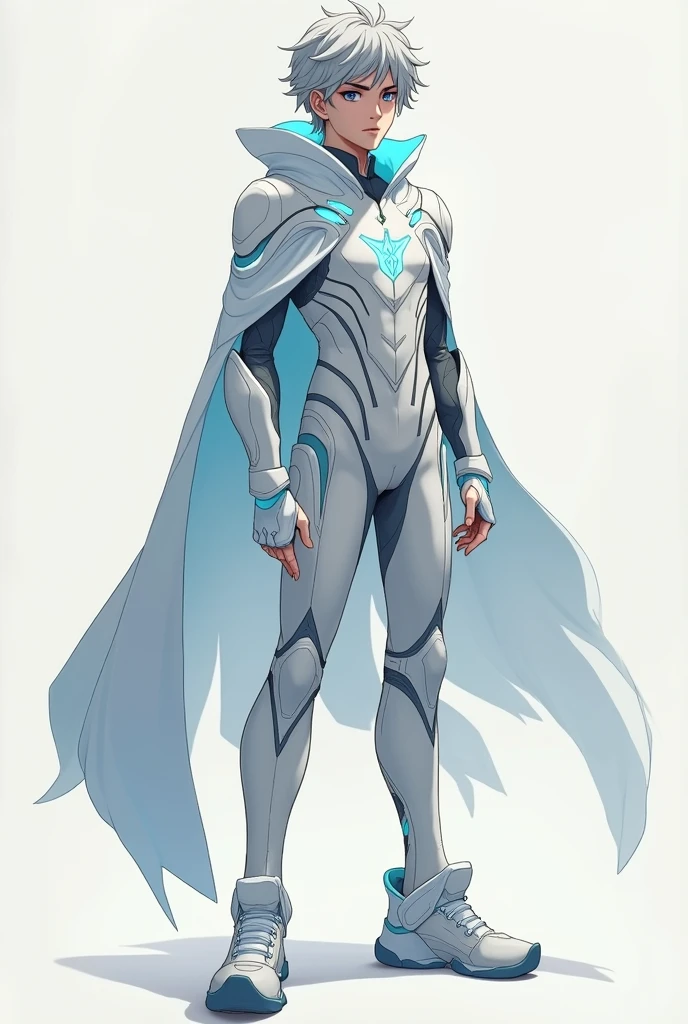 tall and narrow physique, giving it a unique stance. It wears a white suit that covers its body and face, similar to a spacesuit without a helmet. On its chest, three blue dots are depicted, resembling Earth's moon. On its head, there are two black dots next to white ones, similar to a planet's rings. It stands on two legs, which are made up of three pieces. absurdres