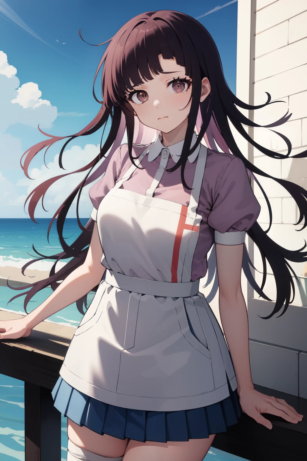 masterpiece, best quality, highres, large breasts, tmikan, purple hair, (brown eyes:1.2), long hair, messy hair, bandaged arm, bandaged leg, bandaid on knee, pink shirt, puffy short sleeves, white apron, pleated skirt, outdoors, looking at viewer, closed mouth