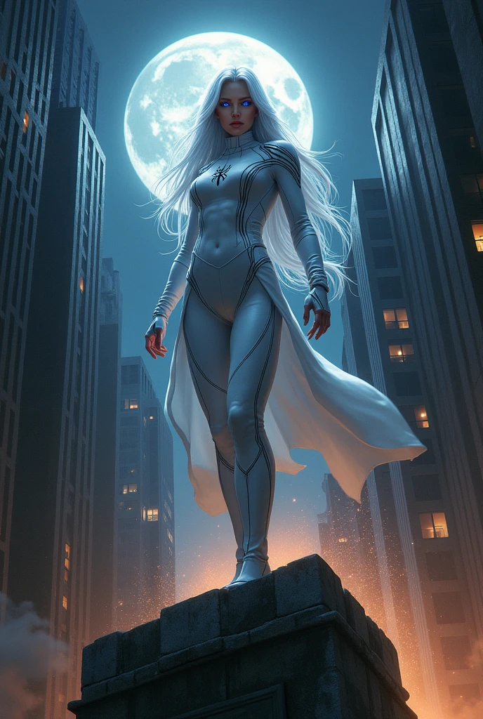 (Masterpiece, 4K 分辨率, Ultra-realistic, Highly detailed), (White costume superhero theme, Charismatic, Girl at the top of the city, Wearing a white Spider-Man costume, superheroine), [((23 years old), (Long white hair:1.2), Full-body, (Blue eyes:1.2), (Spider-Man dynamic pose) ((Resilient urban environment):0.8)| (view over city, during night, dynamic lights), (full moon))]