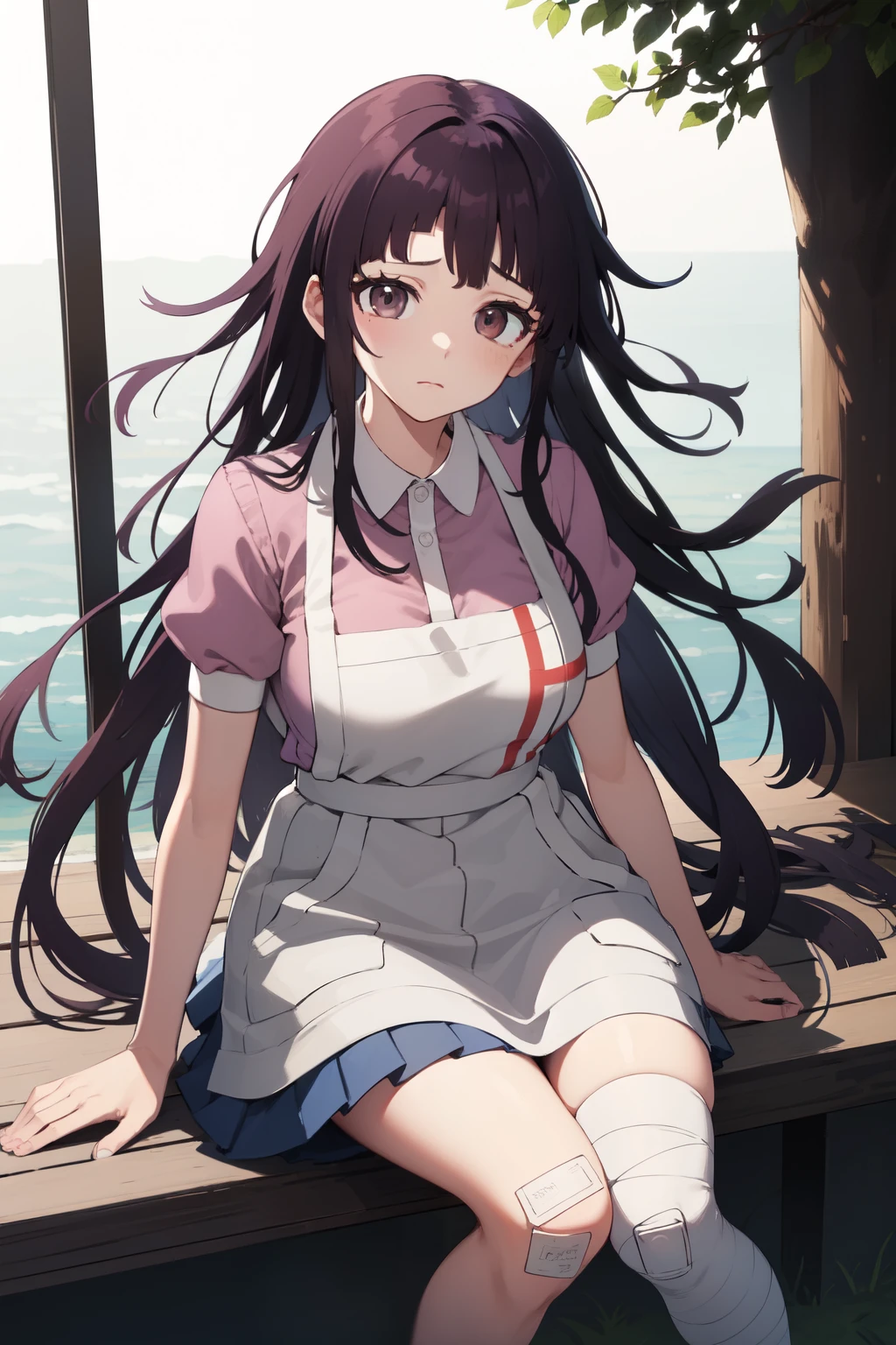 masterpiece, best quality, highres, large breasts, tmikan, purple hair, (brown eyes:1.2), long hair, messy hair, bandaged arm, bandaged leg, bandaid on knee, pink shirt, puffy short sleeves, white apron, pleated skirt, outdoors, looking at viewer, closed mouth