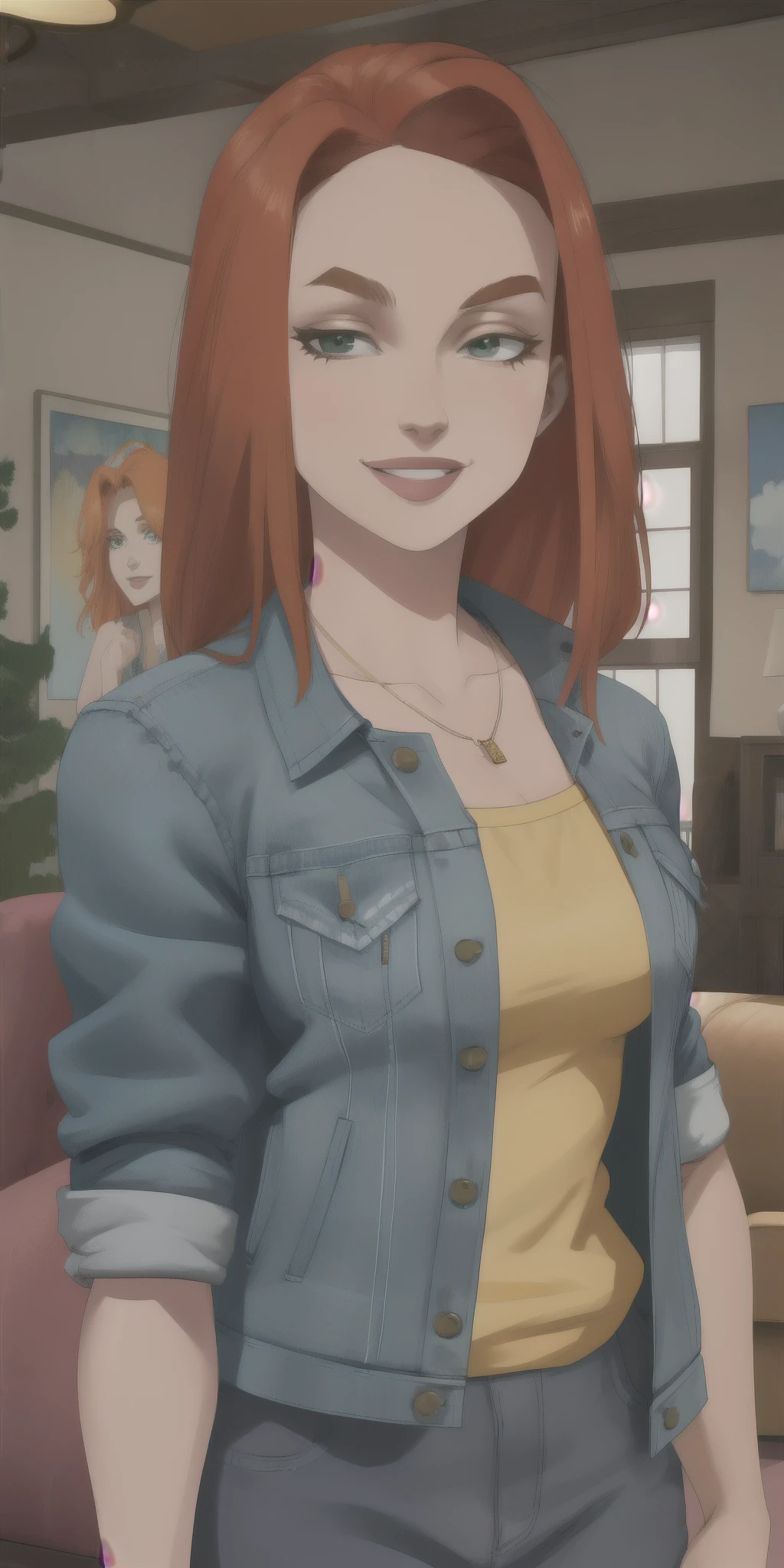 eve,green eyes,orange hair,
jean jacket,yellow shirt,necklace,
standing,smile,upper body,
indoors,living room,
(insanely detailed, beautiful detailed face,  masterpiece, beautiful detailed  eyes, best quality),