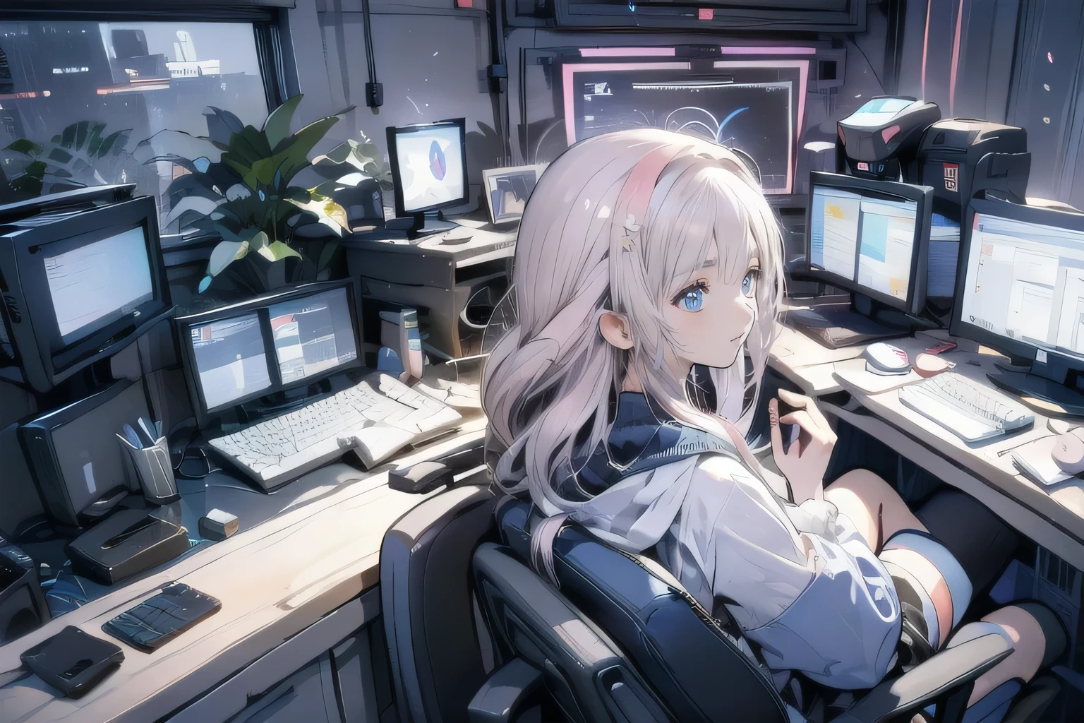 Relaxed pose, long straight hair, oversized black hoodie with blue and red futuristic details, black thigh-high socks, sitting in a high-tech control room, multiple monitors displaying data and graphics, dark interior with blue and pink neon lighting, looking away from the camera, laid-back and tech-savvy atmosphere, side view, soft focus on surroundings, sharp focus on the subject.
