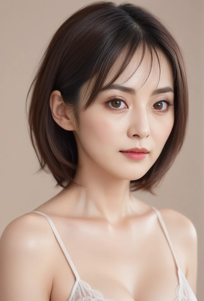 High resolution, Shortcuts, Mature Woman,((Center Parting)),(((50-year-old women))),masterpiece, Highest quality, Ultra high definition, Textured skin, Droopy eyes,Thin lips,black eye,((Mole under left lip, beauty mark)),Thin eyebrows,Thin eyebrows,(Japan female in her 60s),Narrow forehead,((Too thin,Too thin eyebrows)),Loose jaw,(Low Nose),Deep-set eyelids,((very droopy eyes)),Slightly droopy thin eyebrows,(Small Mouth), (droopy eyebrows),Nasolabial folds,Droopy eyes, hooded eyes, ((wrinkles around the eyes)),((full body)),Beautiful legs,thin lower lip,bed room, (full body shot),((background,bed room))lingerie((thin lower lip)), dim,wet,ノーメイク, low eyebrows, troubled eyebrows