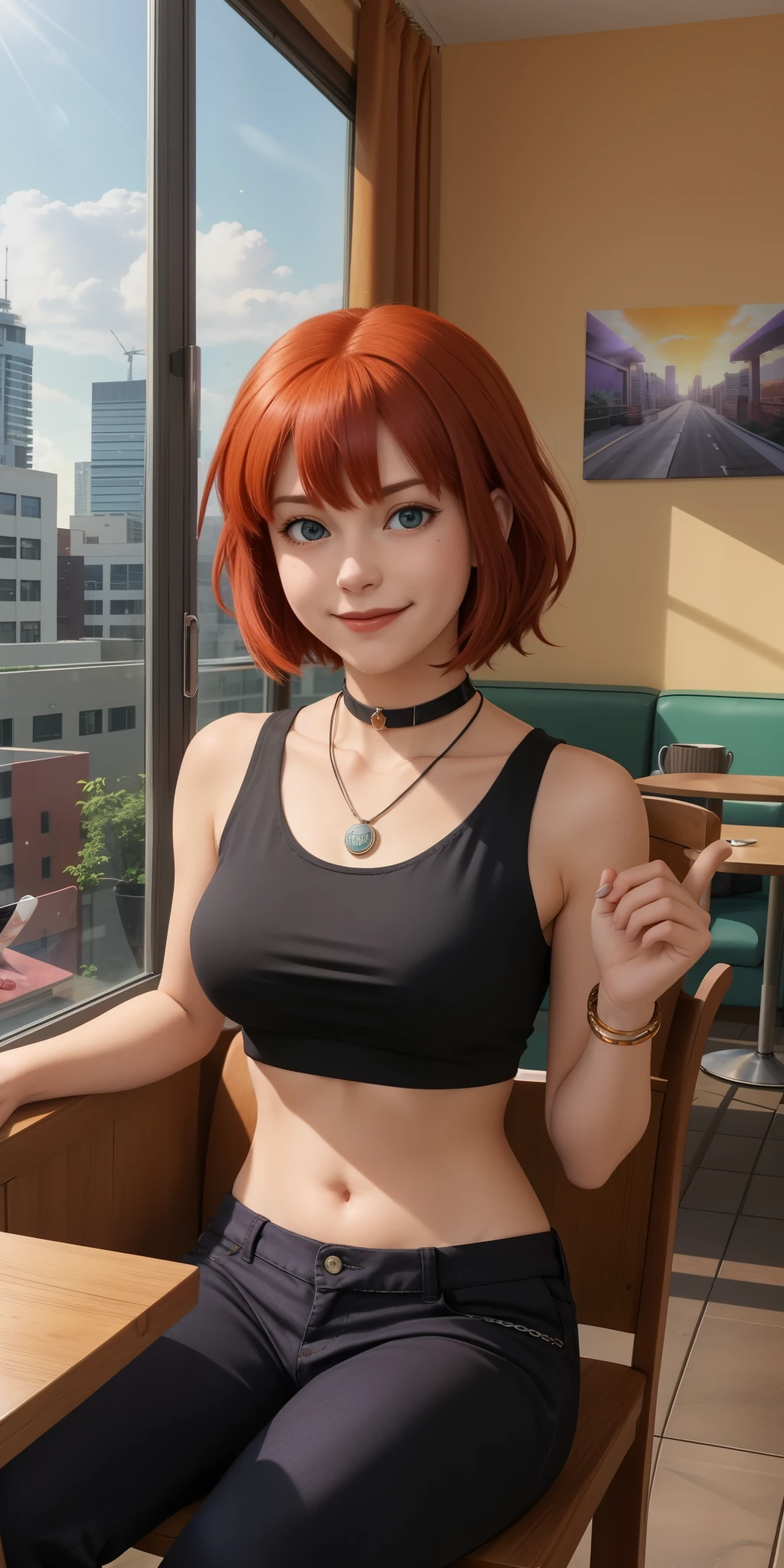 score_9, score_8_up, score_7_up, source_anime, rating_safe BREAK mary jane watson, 1girl, red hair, parted bangs, short hair, green eyes, medium breasts, pendant, necklace, black choker, purple shirt, crop top, navel, midriff, bracelet, black pants, light smile, closed mouth, dutch angle, sitting, closed mouth, elbows on table, light particles, light rays, table, chair, coffee, book, looking at viewer, cafe, potted plant, window, cityscape, blue sky