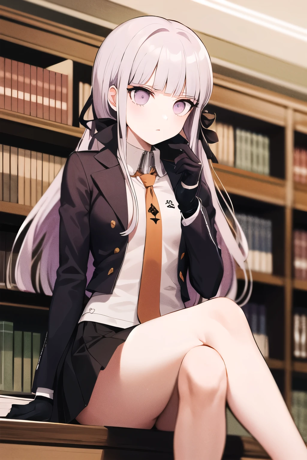 masterpiece, best quality, highres, aakyoko, long hair, purple hair, side braid, blunt bangs, hair ribbon, black ribbon, high collar, brown necktie, black jacket, open clothes, long sleeves, black gloves, black skirt, pleated skirt, danganronpa \(series\), sitting, book, expressionless, library, holding book,