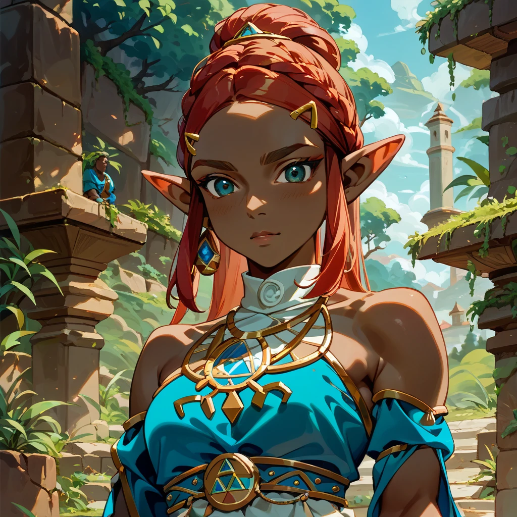 ((Highest quality)), ((masterpiece)), (detailed), （Perfect Face）、The woman is Princess Zelda of the Gerudo tribe, with dark skin, red hair, the Gerudo tribe hairstyle, and an engagement ring.