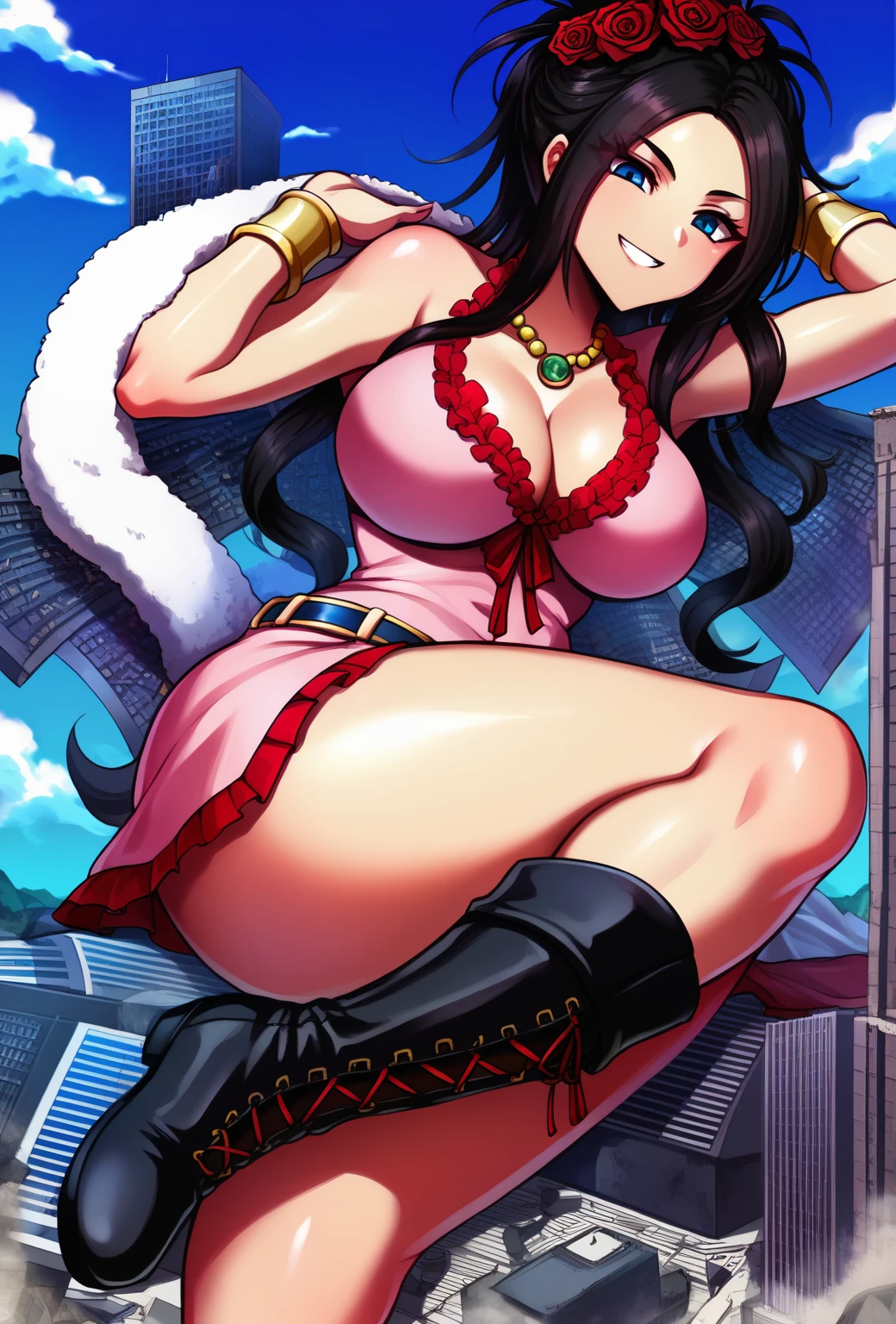 master piece, best quality, extremely detailed CG unity 8k wallpaper, ultra-detailed, detailed face, detailed eyes, 8K, front view, official art, anime style, 

athletic curvy physique, inverted body type, attractive feminine curves,  big breasts, curvy legs and arms, feminine curvy figure, (thick thighs, thick calves, thick voluptuous legs, big curvy hip, bare knees, bare thighs), ((style of plump voluptuous body)), 

black over-the-calf boots,  ((long laced boots feather boa, leaning upper body forward)),
black hair blue eyes, rose flower ornament, 

1 beautiful giant woman, looking down with alluring smile, smirk, (yokozuwari:1.3), sitting on building, sitting on side, leaning to the building, arms up behind head, ruins, looming, teeth, ((lying on side, crossing legs)),

GTS, giantess, jvdaniang, building size, dqdebora, black hair, hair rose, multiple hair flowers, necklace, pink dress, sleeveless, frills, cleavage, belt, bracelet, lace boots, 

