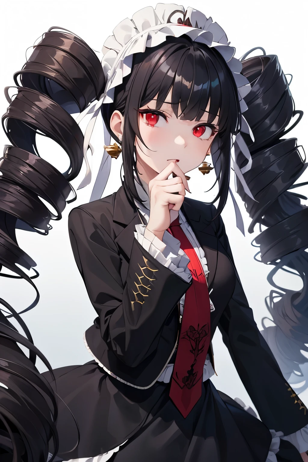 (8k, raw photo, masterpiece, extremely detailed, best quality, professional lighting, high res), BREAK beautiful and adorable girl, BREAK celestiadg, celestia ludenberg, long hair, bangs, black hair, (red eyes:1.3), long sleeves, twintails, drill hair, twin drills, skirt, shirt, black hair, long sleeves, jewelry, jacket, earrings, frills, necktie, black skirt, black jacket, red necktie, bonnet, print necktie,