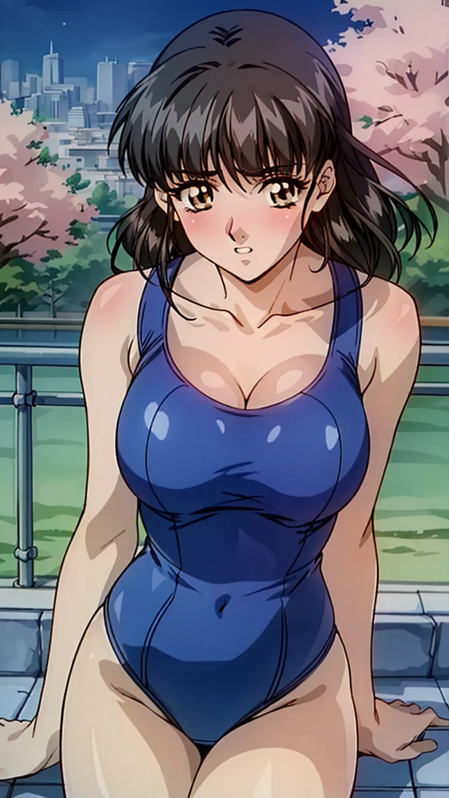 (masterpiece:1.3, Highest quality, Ultra-high resolution, Very detailed), (Realistic:1.1, photoRealistic:1.4), Beautiful illustrations, Perfect lighting, colorful, Written boundary depth, Anime Coloring、(Cleavage)
Beautiful fine hair, Beautiful and elaborate face, Fine and beautiful eyes, Beautiful clavicle, Beautiful body, Beautiful breasts, Beautiful thighs, Beautiful legs, Beautiful fingers, 
Looking at the audience, 1 girl, Japanese, high school girl, Perfect Face, (Perfect Anatomy, Anatomically correct), Symmetrical cute face, , Sunburn, Glowing Skin, 
(Long Hair:1.5, Straight hair:1.2, Hair Bath), Asymmetrical bangs, Dark green eyes, Long eyelashes, (Medium chest), thin, 
, ((Sexy high-cut school swimsuit)), ((Big Breasts))((Old Japan cityscape)), (((Exposing shoulders))), ((night)), ((Cherry blossom background)), 