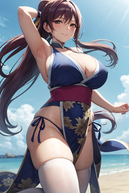 masterpiece, best quality, beautiful art, high resolution, well formed hands, body and fingers, 1 woman, solo, Kanan Matsuura, adult, grown up, large and big breasted, cleavage,  full body, braided long hair, blue_japanese_clothes, wearing DOA Kasumi's blue kunoichi dress, sexy and skimpy japanese clothes, kimono peek, sleeveless, panties peek, white stockings, gorgeous legs and thighs,fighting in a combat match, showing her fighting skills, making her guard, about to hit the viewer, looking at the viewer, close up on her bouncing breasts, sweating, bouncing breasts, smiling joyfully and brightly, seductive face, being confident and proud, action and fighting scene, martial arts tournament on the beach 