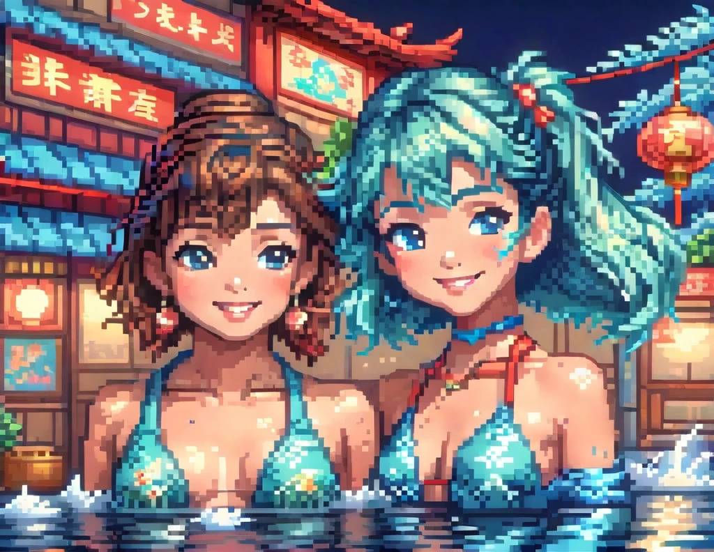 (Pixel art:1.5)，(Neon Light)，Japanese Gravure Idol、whole body，Blue swimsuit、smile:1.3、Swirling vibrant colors、Shiny colors，Classy and elegant，Super Details，Super detailed，8k