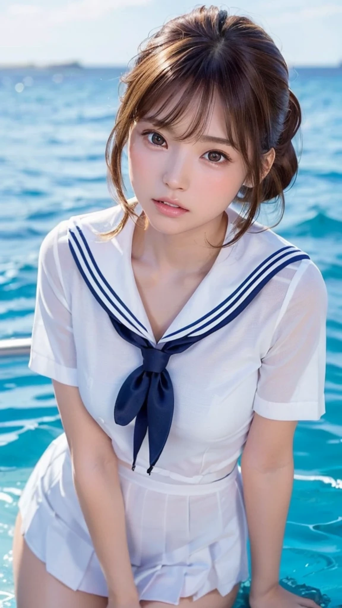 (Highest quality, DSLR camera, 8k, top quality, high resolution, top quality, highest resolution, very beautiful woman, perfect anatomy), light brown eyes, very light brown eyes, small diamond-shaped earrings, looking at the camera, beautiful brown hair, ((, relaxed and cute medium ponytail, showing beautiful thighs)), very short and beautiful bangs with brown hair, E-cup breasts, showing beautiful décolletage, very beautiful 20-year-old, lip gloss, sexy serious expression, upper teeth, beautiful teeth, (random summer beautiful ocean or pool horizon (background only), slightly larger eyes, small face, tall supermodel, beautifully proportioned model, (random cute pose showing thighs), dynamic angle, eye focus, head tilt, very detailed and realistic, very beautiful 20-year-old, ((Medium Shot)), sharp jawline, ((high school girl sailor uniform)), deep waistline, sexy legs, front view, sexy serious expression, summer afternoon
