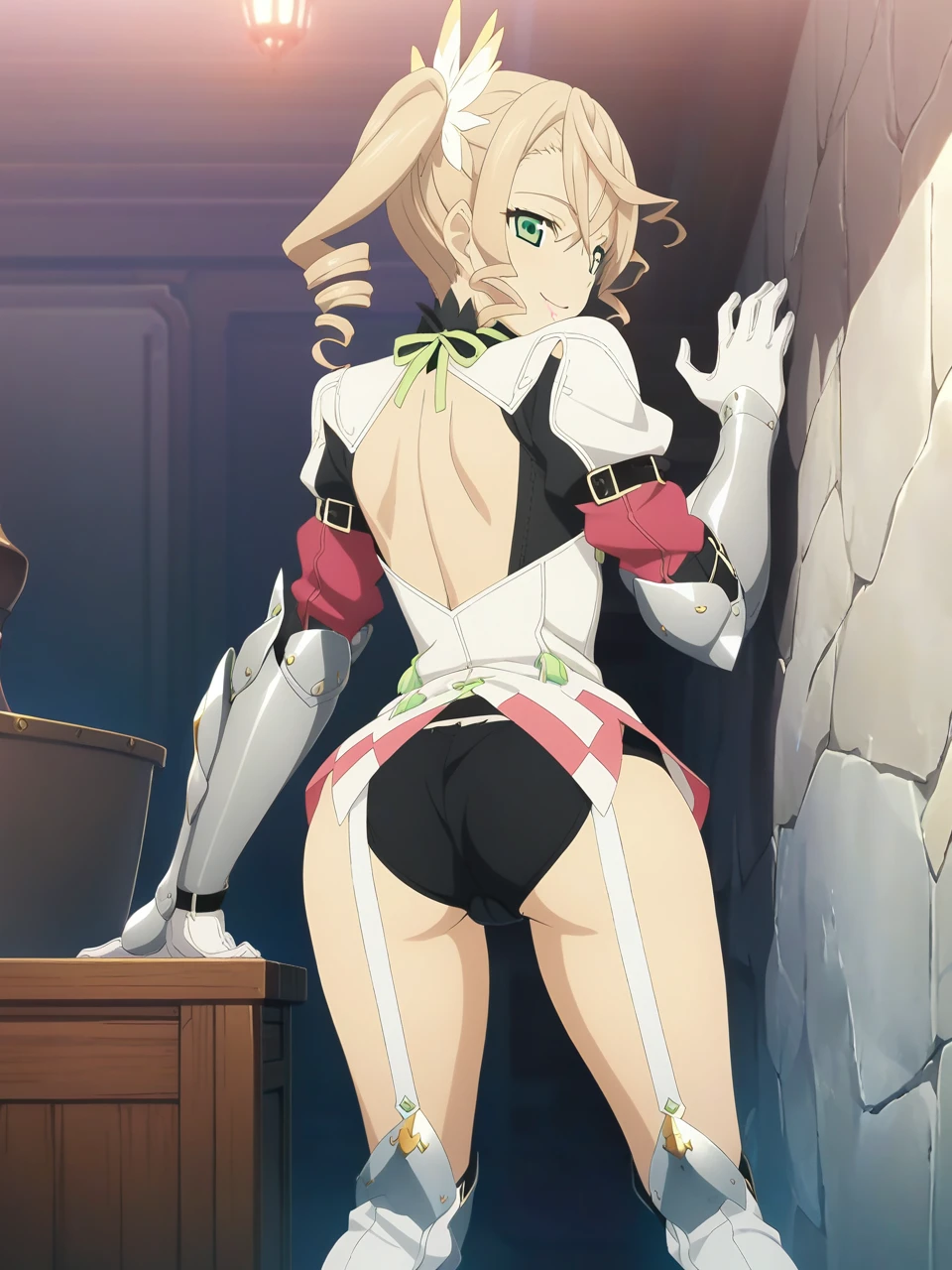 NSFW:1.5,(from back),adarmor, Blonde, Side Ponytail, Green Eyes, armor, Neck ribbon, Black shorts, Garter Straps, Gauntlet, gloves, Greaves,(1girl), chest wall, Game CG, Anime screenshots, Official Art, masterpiece, Highest quality,seductive smile,small breasts,stand,(leaning forward:1.3),(Stick your ass out),(((grabbing ass))),(POV hands)