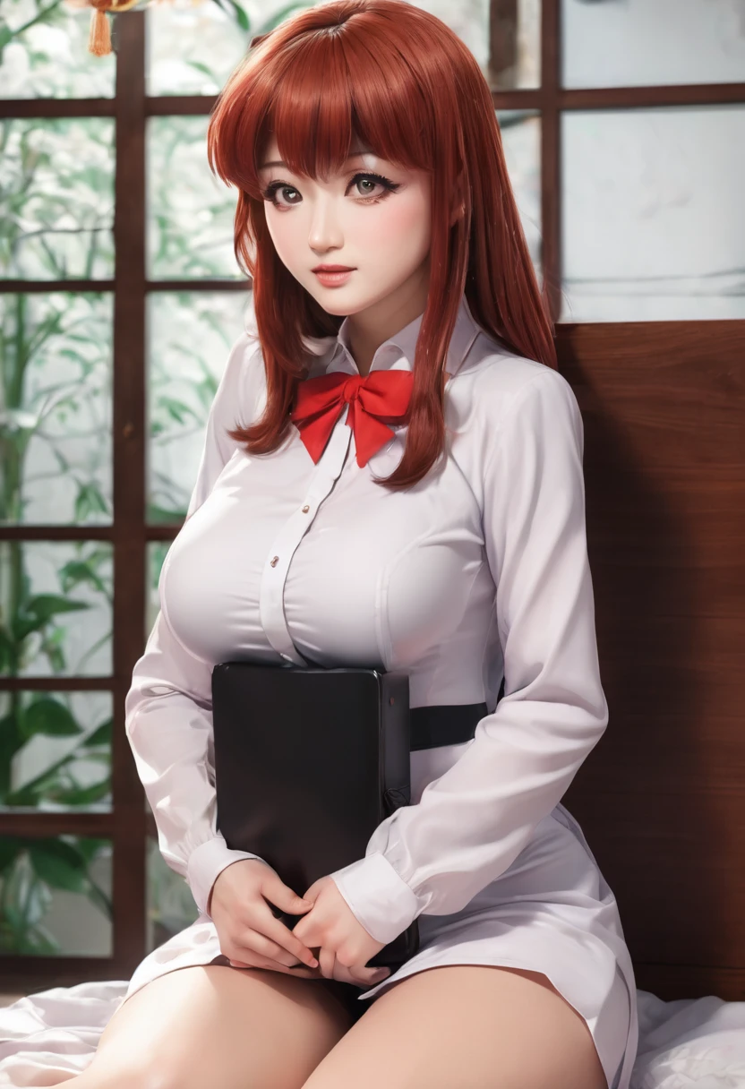 us, long hair, orange hair, gray tailored suit, open tailored suit, A white blouse, open blouse, white lace bra, medium breasts, slips thong, mid thigh skirt, spread legs, smiling, Classroom, noon.