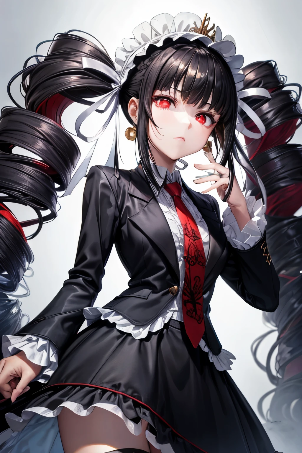 (8k, raw photo, masterpiece, extremely detailed, best quality, professional lighting, high res), BREAK beautiful and adorable girl, BREAK celestiadg, celestia ludenberg, long hair, bangs, black hair, (red eyes:1.3), long sleeves, twintails, drill hair, twin drills, skirt, shirt, black hair, long sleeves, jewelry, jacket, earrings, frills, necktie, black skirt, black jacket, red necktie, bonnet, print necktie, BREAK she is looking down the viewer, view from below, cold expression