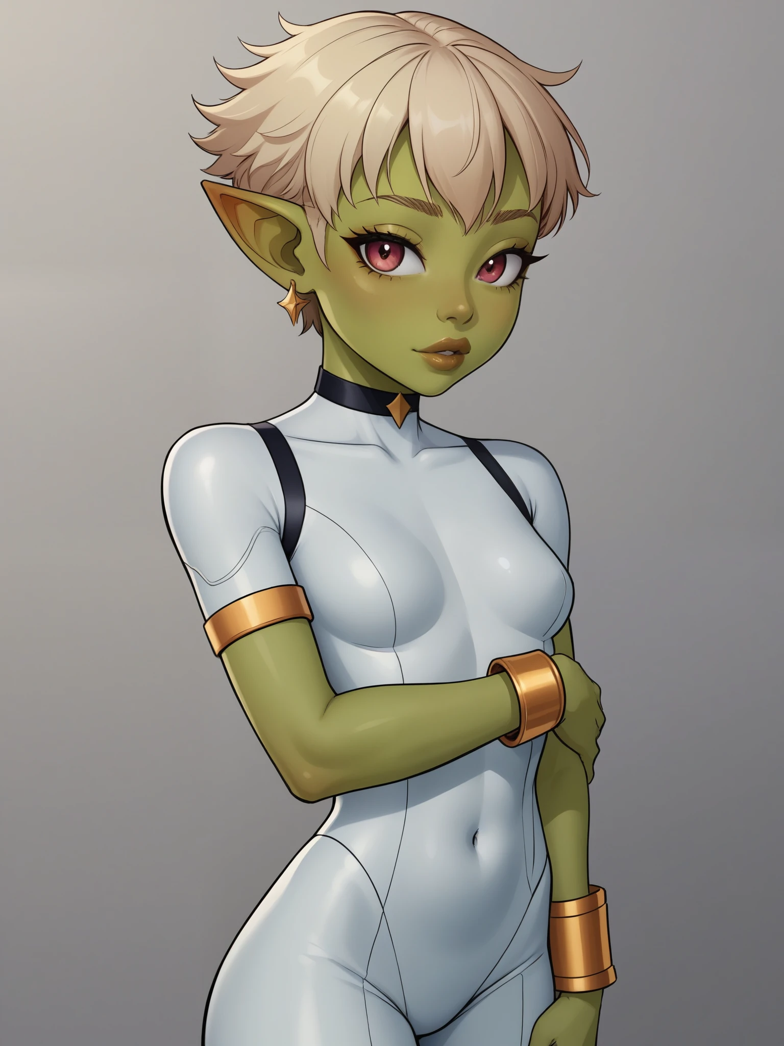 Goblin girl. random eye color. dark green skin. very short hairstyle. choker. random lips color. iron suit. earrings. gold bracelets. an underground ultra-modern shelter. small breasts. low height. slim body