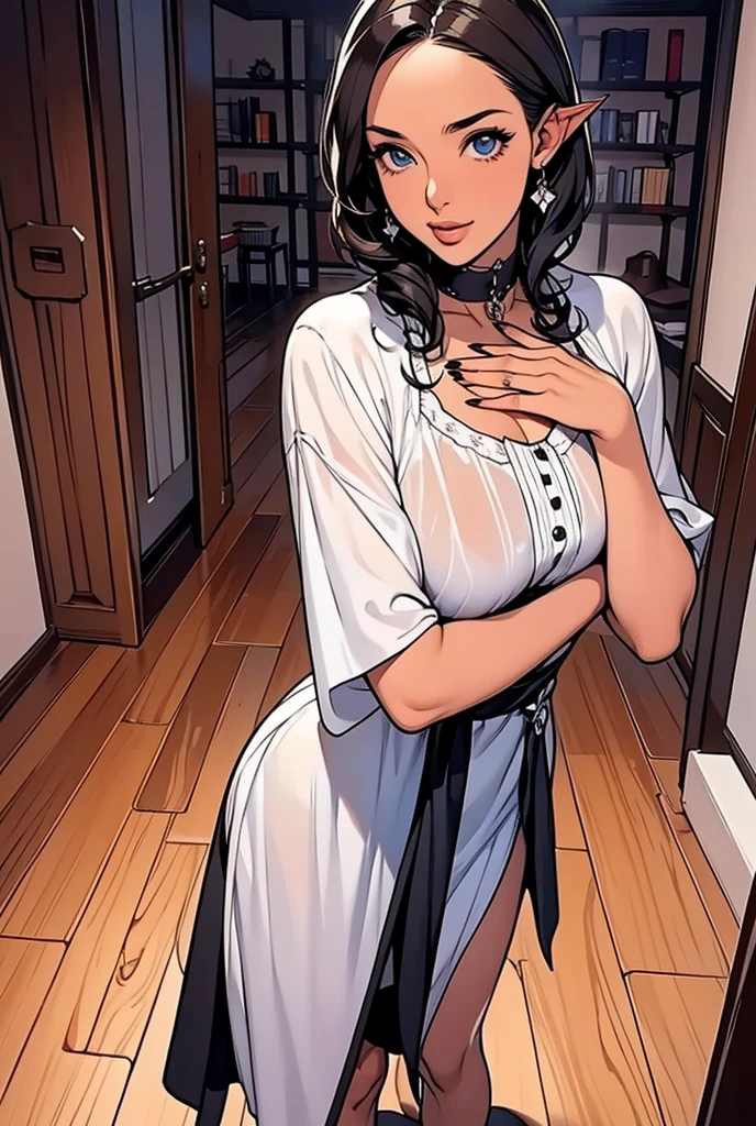 (character) A woman, black skin, brown skin, very curly curly hair , short white hair, pale blue eyes, white tunic and black ribbon at the hip,red gem ring, collar, pointy ears, black nails. 
(pose and composition) standing in the center of the room looking forward, barefoot
(bottom) ROOM with shelves of potions and hanging herbs, wooden floor and wooden walls, dim lighting. 