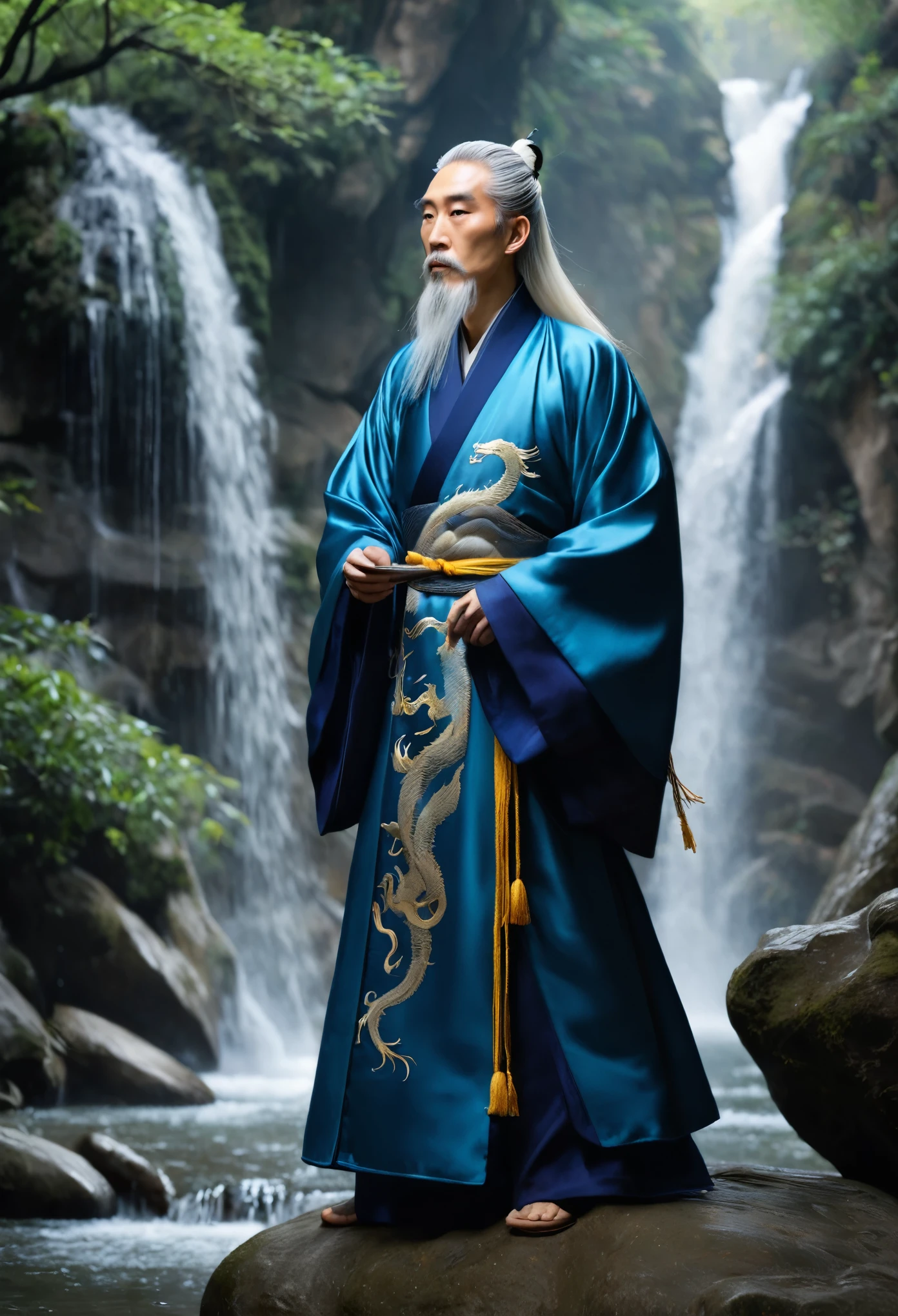 A tall and imposing figure of Shen Wei, a hybrid between a Celestial Dragon and a human, stands in a serene and mystical environment. He has pale, slightly scaly skin with an ethereal glow, and deep amber eyes that reflect centuries of wisdom. His long white hair flows freely down his back, seemingly moving in harmony with the Qi around him. Shen Wei is dressed in a blue silk robe, intricately embroidered with golden dragon patterns that appear to come to life. Around his neck, he wears a jade pendant shaped like a dragon, symbolizing his lineage. The background features a tranquil, misty landscape with a waterfall cascading gently, symbolizing the flow of Qi. Shen Wei's expression is calm and serene, yet his eyes hold an intensity that reveals his deep understanding of cultivation. His presence is powerful, and the environment around him seems to bend to his will, with elements of fire, water, earth, air, and wood subtly swirling around him. old man