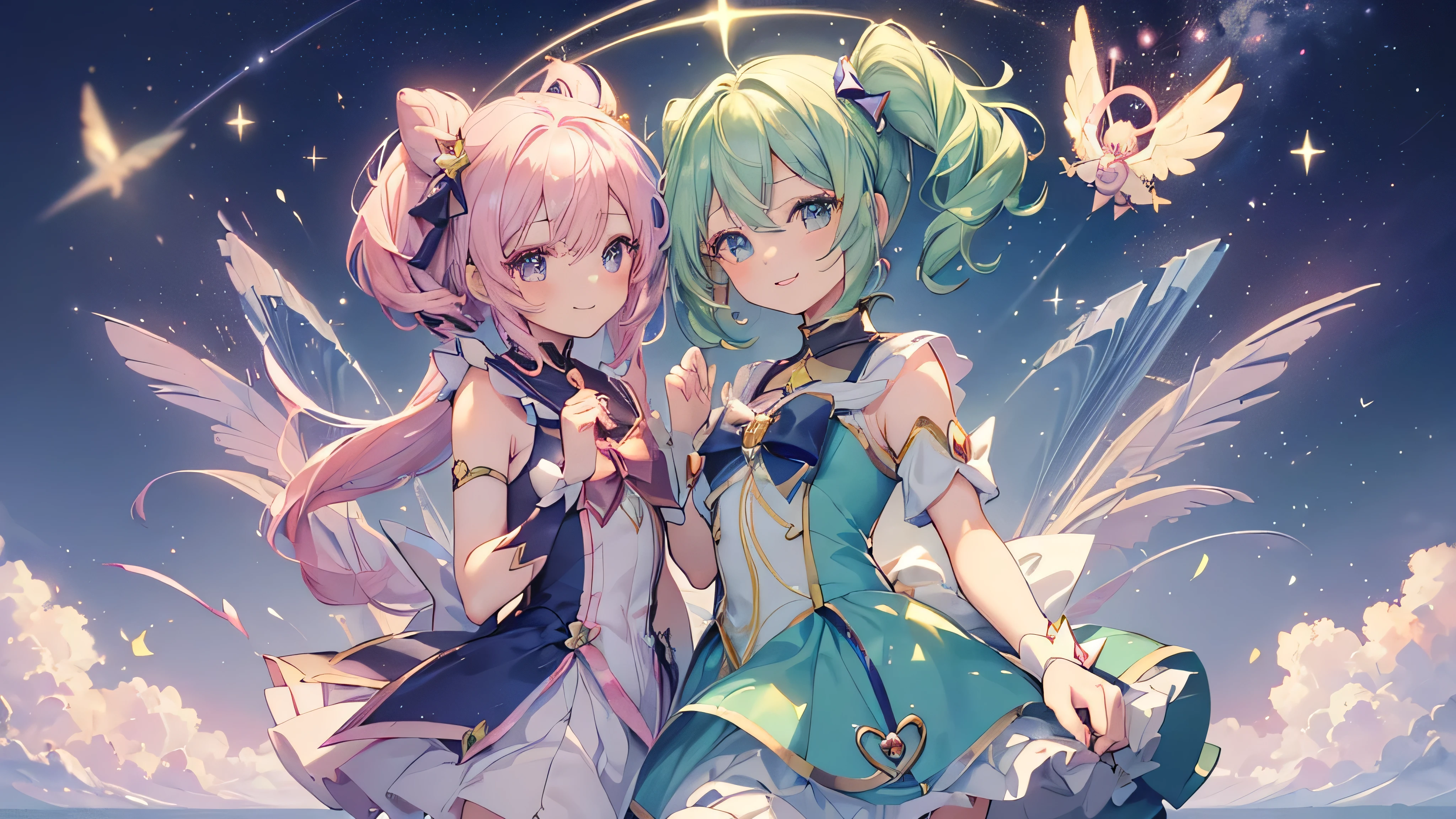 (((Highest quality、masterpiece、Ultra-fine、Ultra-fine、髪UP,Green Hair,Exquisite、dress,16K,cute,The best smile,Full HD,)), (((buzzer,one person,Cute Magical Girl,)))Blue eyes、Long eyelashes、White skin、))), (Pale pink lips、Pale pink cheeks、thin and long)、((Cute Magical Girl,The best smile)), (one person) 、 (Dreaming magical girl, your magic creates miracles with the power of the stars and the light of the moon.)) 、 ((Magical girl)