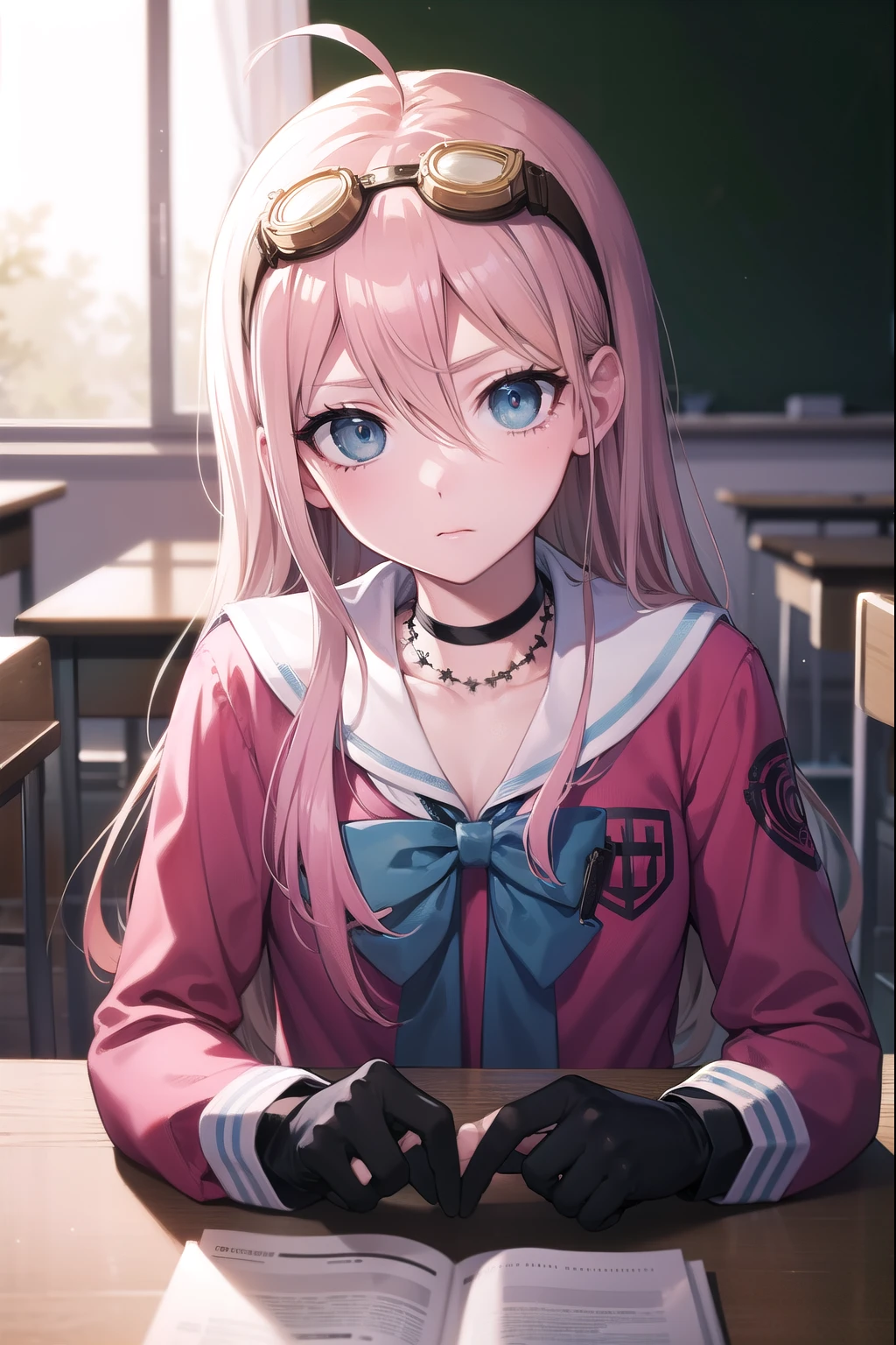 miuiruma, miu iruma, ahoge, pink hair, blue eyes, goggles, goggles on head, long hair, 
BREAK bow, choker, fingerless gloves, gloves, pink shirt, school uniform, serafuku, shirt, skirt, uniform,
BREAK looking at viewer,
BREAK indoors, classroom
BREAK (masterpiece:1.2), best quality, high resolution, unity 8k wallpaper, (illustration:0.8), (beautiful detailed eyes:1.6), extremely detailed face, perfect lighting, extremely detailed CG, (perfect hands, perfect anatomy),