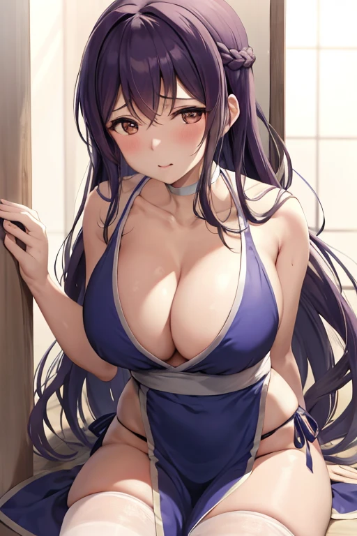 masterpiece, best quality, beautiful art, high resolution, well formed hands, body and fingers, 1 woman, solo, Kanan Matsuura, adult, grown up, large and big breasted, cleavage,  full body, braided long hair, blue_japanese_clothes, wearing DOA Kasumi's blue kunoichi dress, sexy and skimpy japanese clothes, kimono peek, sleeveless, panties peek, white stockings, gorgeous legs and thighs,ryona , in peril, she is injured she is now cornered against the wall, helpless and vulnerable, she is dizzy and exhausted, looking at the viewer with anxiety and fear, she is afraid, , breathing heavily, terror in her eyes, helpless and weak, gasping, being at the edge of defeat, heroine in peril, ryona scene 