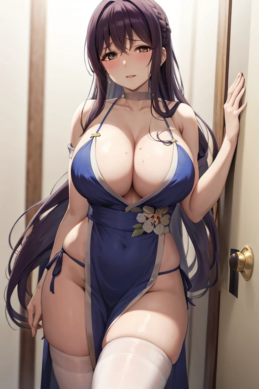 masterpiece, best quality, beautiful art, high resolution, well formed hands, body and fingers, 1 woman, solo, Kanan Matsuura, adult, grown up, large and big breasted, cleavage,  full body, braided long hair, blue_japanese_clothes, wearing DOA Kasumi's blue kunoichi dress, sexy and skimpy japanese clothes, kimono peek, sleeveless, panties peek, white stockings, gorgeous legs and thighs,ryona , in peril, she is injured she is now cornered against the wall, helpless and vulnerable, she is dizzy and exhausted, looking at the viewer with anxiety and fear, she is afraid, , breathing heavily, terror in her eyes, helpless and weak, gasping, being at the edge of defeat, heroine in peril, ryona scene 