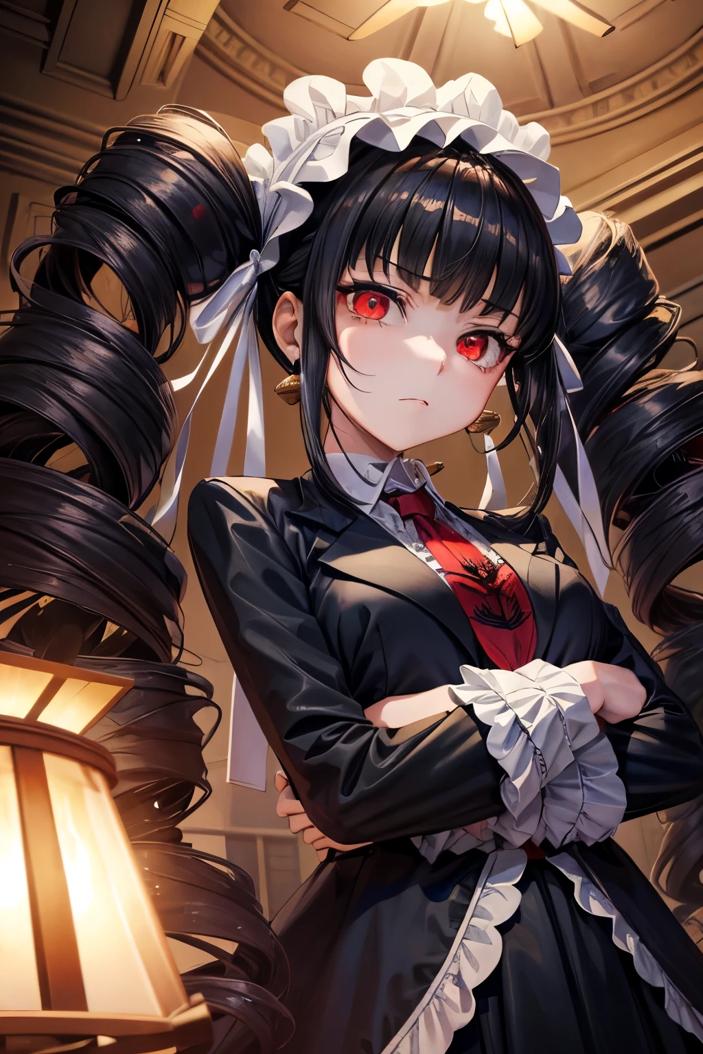 (8k, raw photo, masterpiece, extremely detailed, best quality, professional lighting, high res), BREAK beautiful and adorable girl, BREAK celestiadg, celestia ludenberg, long hair, bangs, black hair, (red eyes:1.3), long sleeves, twintails, drill hair, twin drills, skirt, shirt, black hair, long sleeves, jewelry, jacket, earrings, frills, necktie, black skirt, black jacket, red necktie, bonnet, print necktie, BREAK she is looking down the viewer, view from below, cold expression, high school