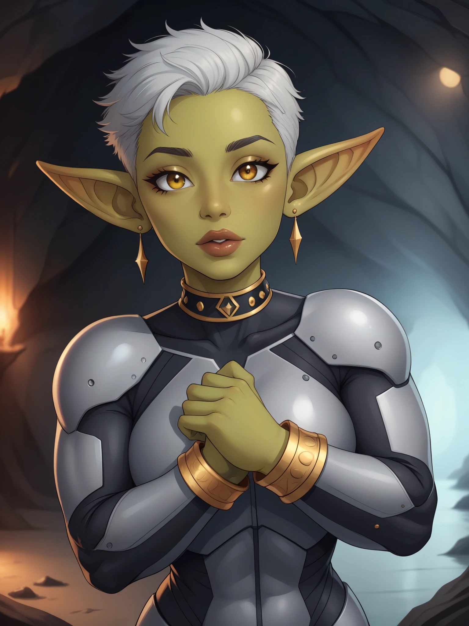 Goblin girl. random eye color. dark green skin. very short hairstyle. choker. random lips color. iron suit. earrings. gold bracelets. cave. 