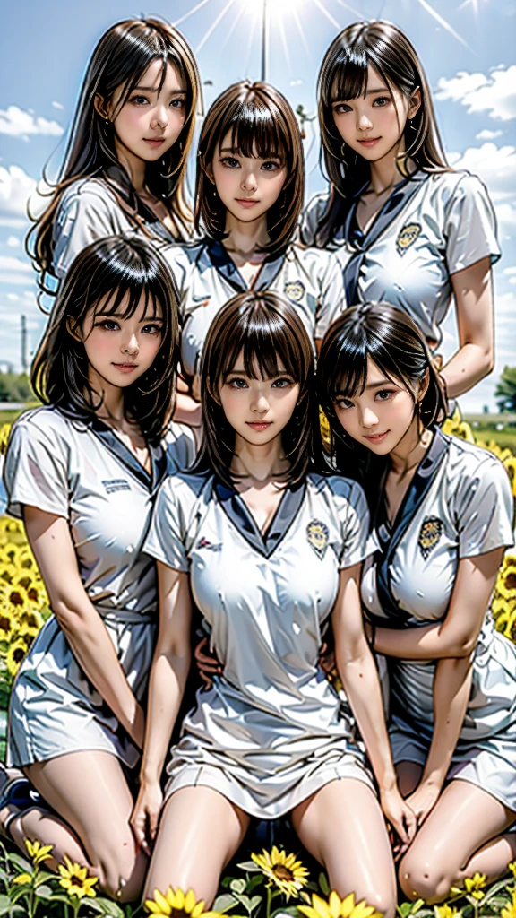 ((masterpiece)),(((Highest quality))),
Sexy outfitsFive girls intertwinedFacing forward。
小さなビキニ、マイクロビキニ、セクシーなビキニ、
Five girls intertwined Idol、
Five girls intertwined Thin thighs,Long intertwined fivesome girls legs,whole body:1.5，
(Five girls entangled:1.3),
Five girls intertwined in pop pattern pantyhose and thick pointy heels：1.3),
Five girls intertwined Cute white casual summer outfit dress:1.2),
Intertwining fivesome girls short blonde:1.2、
Five girls intertwined Model Pose，

Flowerpunk space background glitter effect, Lens flare, fluorescence, 
Sunflower field, dazzling summer sunlight