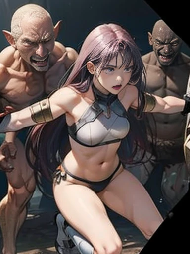 Highest quality、Captured by mutants、Surrounded by mutants、defeat、Beautiful woman with very long purple hair、White Armor（Mid-chest、Off the shoulder、Sleeveless、No elbow pads、belly button、High Leg、Exposed thighs）、White Armorのブーツ、Tears overflow、Frightened expression、run away、Attacked by mutants 1:5、Many violent mutants 1:5、The mutant grabs him by the arm..　Mutant attacks from behind、Mutant grabs leg、Mutant Swarm 1:5、darkness、Different world、Dark fantasy、Pitch Black Hell