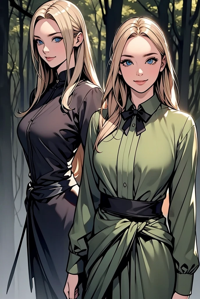 women, blue eyes, long blonde hair, pale skin, olive green dress, sword tied to the waist with a black bow. Hands on waist and smile, black boots In the background a lush forest with dark fog High quality image.