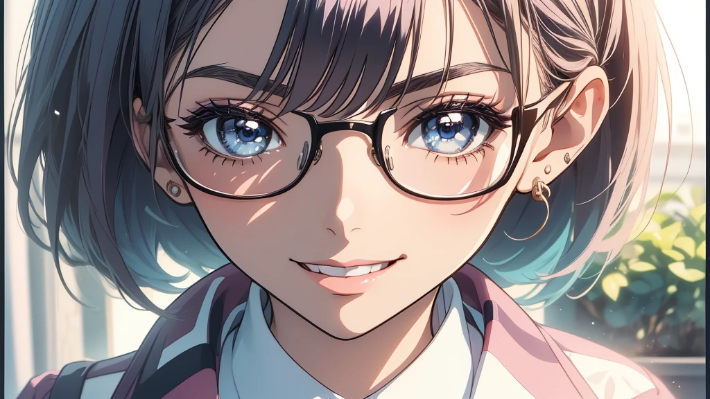 Masterpiece, super high quality anime style illustration, 8K, American fashionable ((Business town)), very beautiful 2 ((female office worker)), ((Very beautiful girl)), colorful hair, perfect makeup, thin frame glasses, colorful eyes, pink lips, highly detailed face, very cute suit, ((Smiling)), (((Full screen close-up of face))).