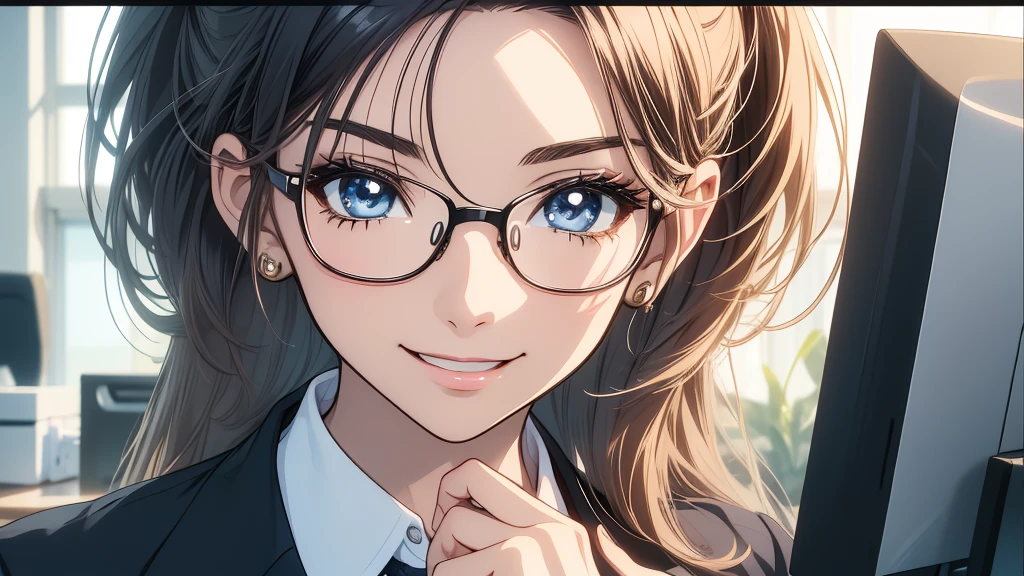 Masterpiece, super high quality anime style illustration, 8K, American fashionable ((Business town)), very beautiful 2 ((female office worker)), ((Very beautiful girl)), colorful hair, perfect makeup, thin frame glasses, colorful eyes, pink lips, highly detailed face, very cute suit, ((Smiling)), (((Full screen close-up of face))).