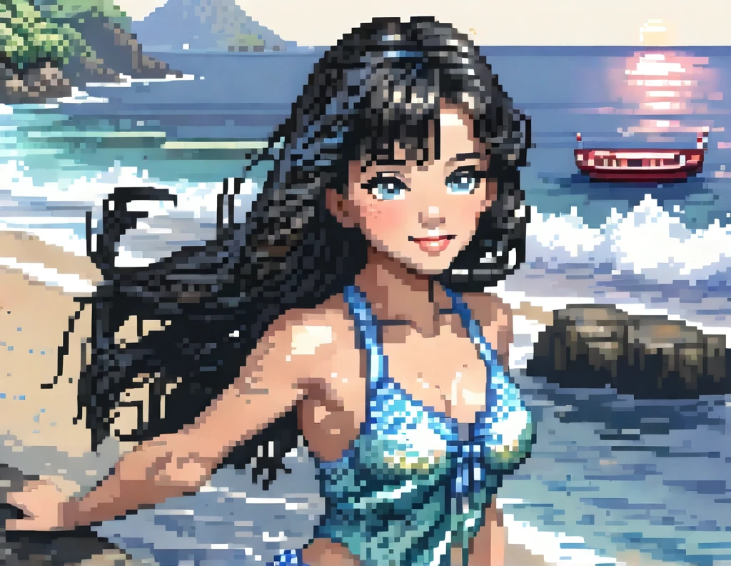 (Pixel art:1.5)，Sea 1.3,Japanese Gravure Idol、whole body，One girl、Black Hair、Blue swimsuit、smile:1.5、Swirling vibrant colors、Shiny colors，Classy and elegant，Super Details，Super detailed，8k