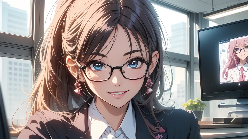 Masterpiece, super high quality anime style illustration, 8K, American fashionable ((Business town)), very beautiful 2 ((female office worker)), ((Very beautiful girl)), colorful hair, perfect makeup, thin frame glasses, colorful eyes, pink lips, highly detailed face, very cute suit, ((Smiling)), (((Full screen close-up of face))).