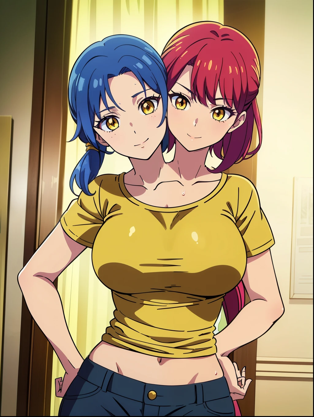 ((best quality), (high quality), (detailed), (masterpiece), good artist, (2heads:1.5), 1girl, vibrant blue hair, red hair, yellow eyes, pength, casual wear, gentle smile, (golden yellow t-shirt), black pants, a two headed woman with beautiful detailed eyes, (detailed hairstyles), strong and confident expressions, exposed midriff, sexy body and face, perfect body, beautiful symmetric body, sexy body, sexy girl, beautiful body and face, sexy hot body, very sexy pose, ((long ponytails))