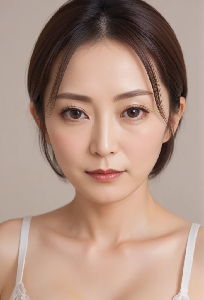 High resolution, Shortcuts, Mature Woman,((Center Parting)),(((50-year-old women))),masterpiece, Highest quality, Ultra high definition, Textured skin, Droopy eyes,Thin lips,black eye,((Mole,under left lip, beauty mark)),Thin eyebrows,Thin eyebrows,(Japan female in her 60s),Narrow forehead,((Too thin,Too thin eyebrows)),Loose jaw,(Low Nose),Deep-set eyelids,((very droopy eyes)),Slightly droopy thin eyebrows,(Small Mouth), (droopy eyebrows),Nasolabial folds,Droopy eyes, hooded eyes, ((wrinkles around the eyes)),((full body)),Beautiful legs,thin lower lip,bed room, (full body shot),((background,bed room))lingerie((thin lower lip)), dim,wet,, low eyebrows, troubled eyebrows,目のシワ, camel toe, without makeup