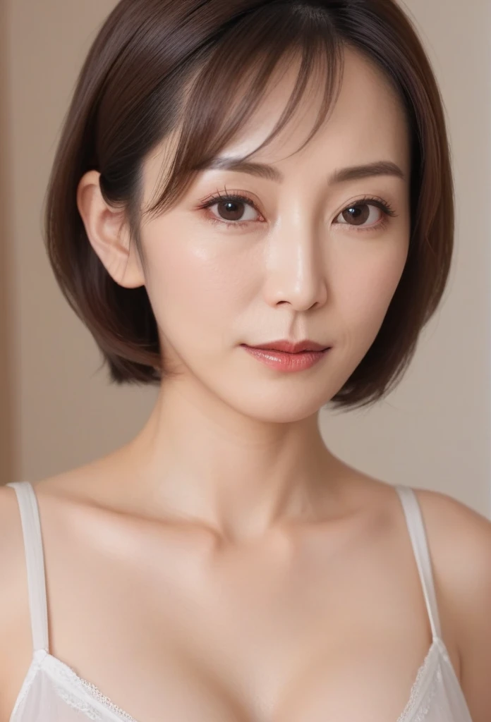 High resolution, Shortcuts, Mature Woman,((Center Parting)),(((50-year-old women))),masterpiece, Highest quality, Ultra high definition, Textured skin, Droopy eyes,Thin lips,black eye,((Mole,under left lip, beauty mark)),Thin eyebrows,Thin eyebrows,(Japan female in her 60s),Narrow forehead,((Too thin,Too thin eyebrows)),Loose jaw,(Low Nose),Deep-set eyelids,((very droopy eyes)),Slightly droopy thin eyebrows,(Small Mouth), (droopy eyebrows),Nasolabial folds,Droopy eyes, hooded eyes, ((wrinkles around the eyes)),((full body)),Beautiful legs,thin lower lip,bed room, (full body shot),((background,bed room))lingerie((thin lower lip)), dim,wet,, low eyebrows, troubled eyebrows,目のシワ, camel toe, without makeup