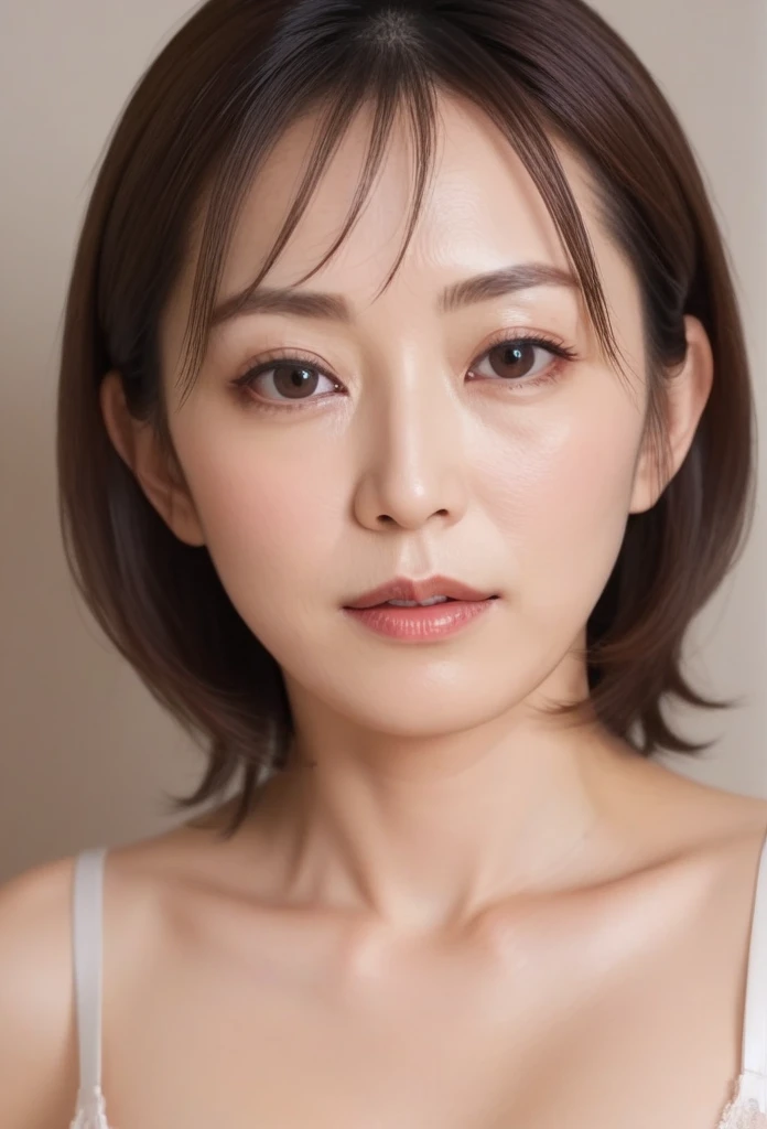 High resolution, Shortcuts, Mature Woman,((Center Parting)),(((50-year-old women))),masterpiece, Highest quality, Ultra high definition, Textured skin, Droopy eyes,Thin lips,black eye,((Mole,under left lip, beauty mark)),Thin eyebrows,Thin eyebrows,(Japan female in her 60s),Narrow forehead,((Too thin,Too thin eyebrows)),Loose jaw,(Low Nose),Deep-set eyelids,((very droopy eyes)),Slightly droopy thin eyebrows,(Small Mouth), (droopy eyebrows),Nasolabial folds,Droopy eyes, hooded eyes, ((wrinkles around the eyes)),((full body)),Beautiful legs,thin lower lip,bed room, (full body shot),((background,bed room))lingerie((thin lower lip)), dim,wet,, low eyebrows, troubled eyebrows,目のシワ, camel toe, without makeup