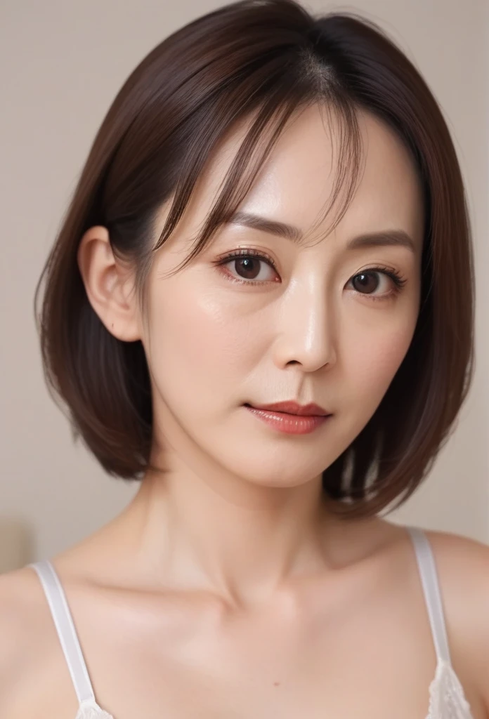 High resolution, Shortcuts, Mature Woman,((Center Parting)),(((50-year-old women))),masterpiece, Highest quality, Ultra high definition, Textured skin, Droopy eyes,Thin lips,black eye,((Mole,under left lip, beauty mark)),Thin eyebrows,Thin eyebrows,(Japan female in her 60s),Narrow forehead,((Too thin,Too thin eyebrows)),Loose jaw,(Low Nose),Deep-set eyelids,((very droopy eyes)),Slightly droopy thin eyebrows,(Small Mouth), (droopy eyebrows),Nasolabial folds,Droopy eyes, hooded eyes, ((wrinkles around the eyes)),((full body)),Beautiful legs,thin lower lip,bed room, (full body shot),((background,bed room))lingerie((thin lower lip)), dim,wet,, low eyebrows, troubled eyebrows,目のシワ, camel toe, without makeup