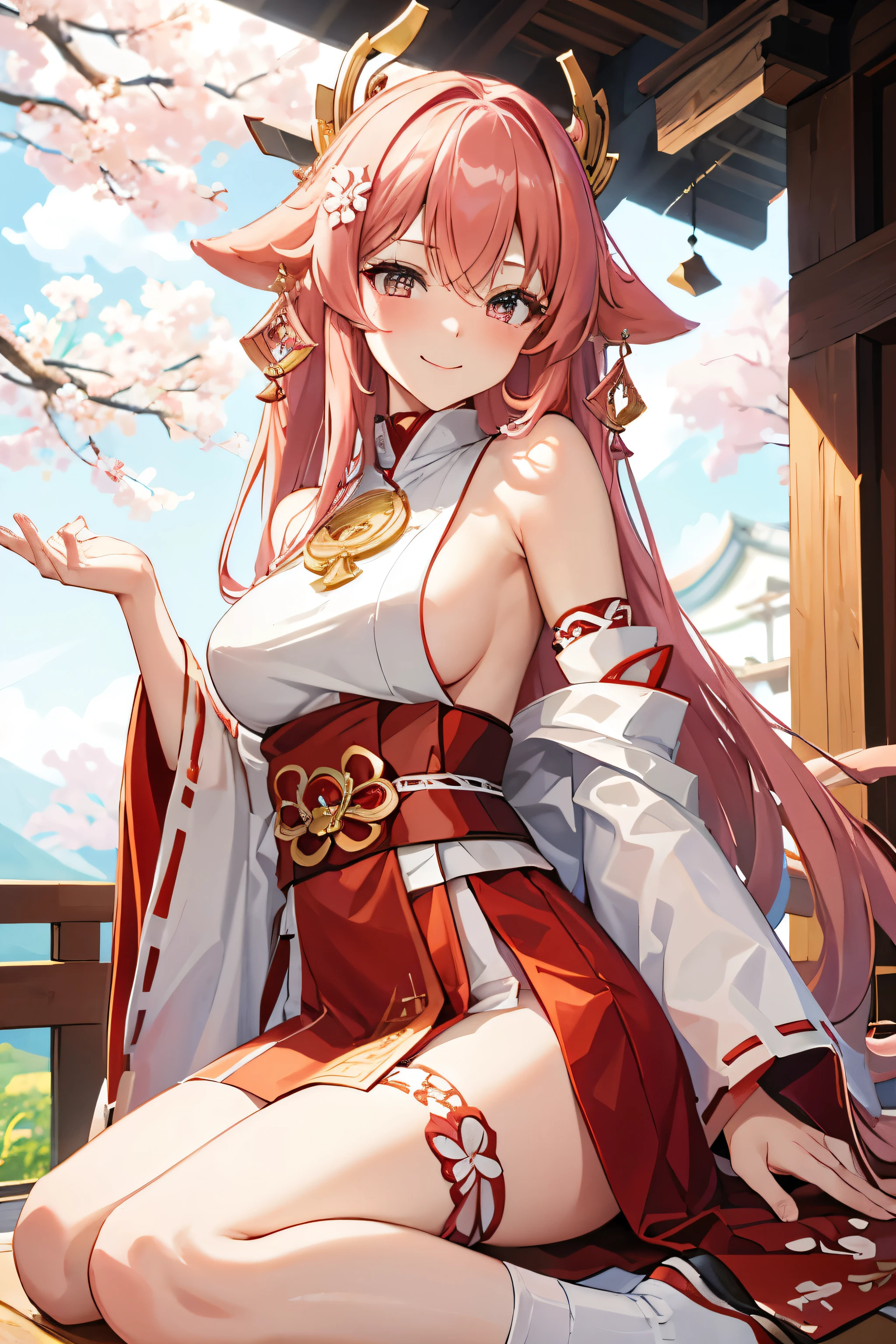 8k, high resolution,((Masterpiece)), ultra detailed, HD, solo woman, solo, yaemikodef, beautiful, miko, pink-cherry hair, guuji yae, shrine maiden, cherry blossoms, perfect breasts, fox girl, Yae Miko, Genshin Impact, cute face, blushing, smile