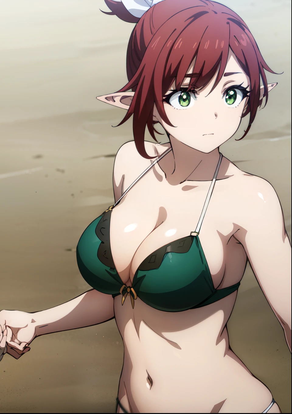 rheafighter, rhea fighter, (green eyes:1.5), hair ribbon, ponytail, red hair, pointy ears, elf, green bikini, hello hand, sand beach, big breast, beach, full_body, (masterpiece:1.2), best quality, high resolution, unity 8k wallpaper, (illustration:0.8), (beautiful detailed eyes:1.6), extremely detailed face, perfect lighting, extremely detailed CG, (perfect hands), (perfect anatomy), large breast