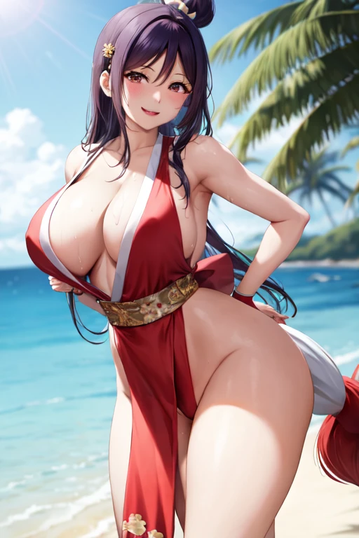 masterpiece, best quality, beautiful art, high resolution, well formed hands, body and fingers, 1 woman, solo, Kanan Matsuura, red makeup, red lipstick,adult, grown up,  cosplaying as Mai Shiranui , mai_shiranui_cosplay, adult, large and big breasted, cleavage, full body , hair ribbon, gorgeous legs and, thighs, sexy Japanese clothes, hair ornament , sexy and bare legs , hips and thighs, panties peek, dancing seductively and erotically, turning backwards and forwards, showing her back and front, shaking her body alluringly, red t back thong, smiling joyfully, sweating ,looking at the viewer, bouncing breasts, sweating, flirting, biting her lips, beach environment dancing seductively and erotically, twirling around, , shaking her body alluringly, smiling joyfully, looking at the viewer, sweating , flirting, beach environment 