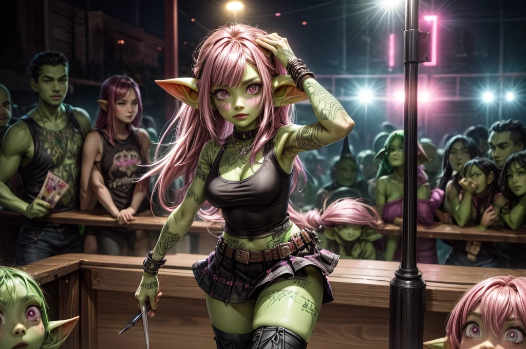 absurd resolution, ((best quality)), ((masterpiece)), (very detailed), 4k, goblin girl, hardcore punk rocker, pink hair, pink eye makeup, ripped black fishnet dress, very tight black pants, ((green skin)), small pointy ears, nose piercing, sitting at the bar in a punk club, sitting on barstool, glass of beer, looking at viewer, (smoking cigarette), horny, sexy, seductive, naughty expression, showing off legs