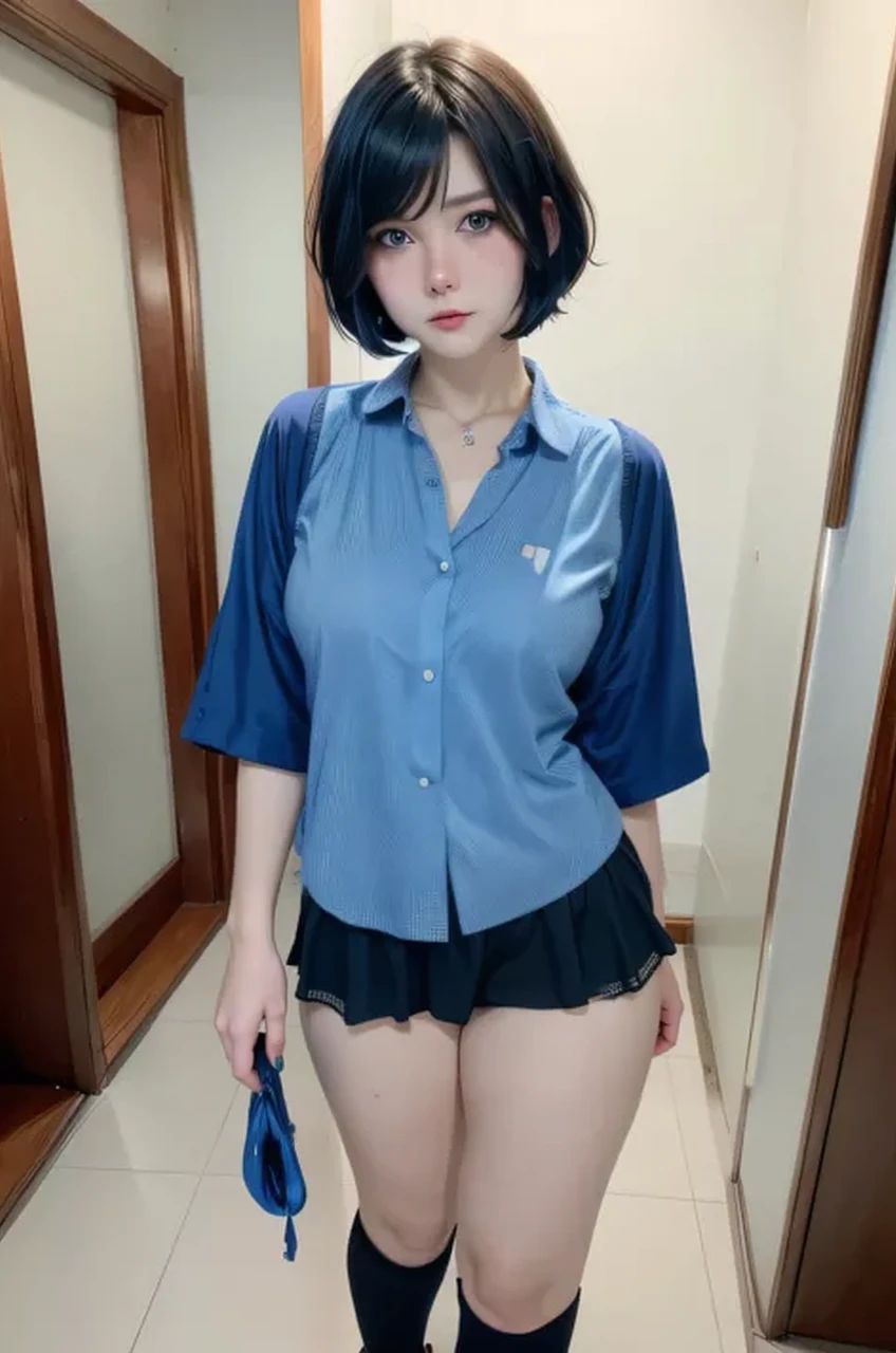 ((best quality)), ((masterpiece)), (detailed), perfect face, 4k, 8k , thick woman, thick body, Indonesian-japanese goddess , blue hair , wavy short hair , wearing sneakers , full body, random casual clothes , slightly fat belly , slightly fat thighs , slightly fat arms, japanese-Indonesian woman , fat cheeks , Indonesian-japanese woman , wearing gold bracelet , necklace , wearing smartwatch, korean girl , 5 gold bracelet , glasses , baby face